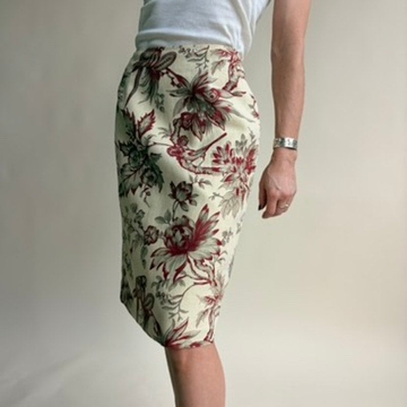 Silk Club Collection Linen Midi Skirt - Cream & Burgundy Floral Bird Print- Size 6