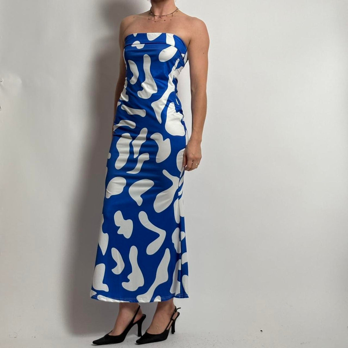 Blue & White Abstract Bodycon Maxi Dress - Fits Small