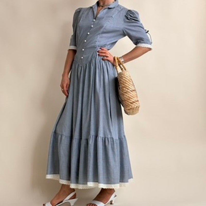 70's Wendy One Gingham Prairie Dress - Blue & White, Basque Waist, Size Small