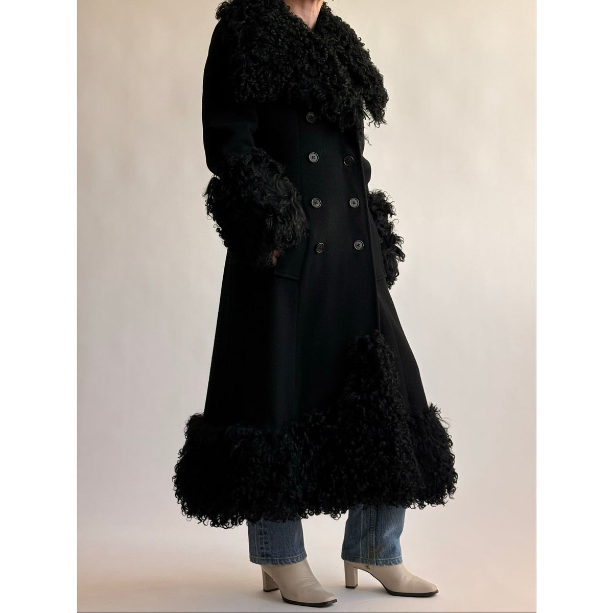 Vintage 1970s Black Wool & Mongolian Shearling Coat