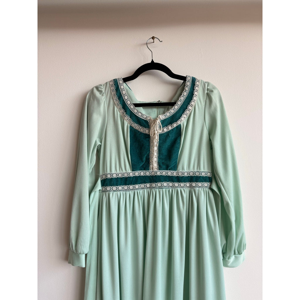 JCPenney Vintage 70s Mint Green Prairie Dress - Lace Trim