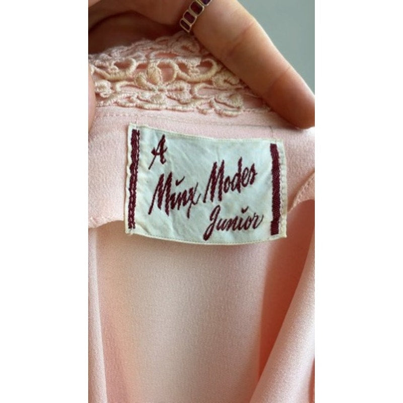 Vintage 1940s A Minx Modes Junior Pink Rayon Crepe Lace Dress