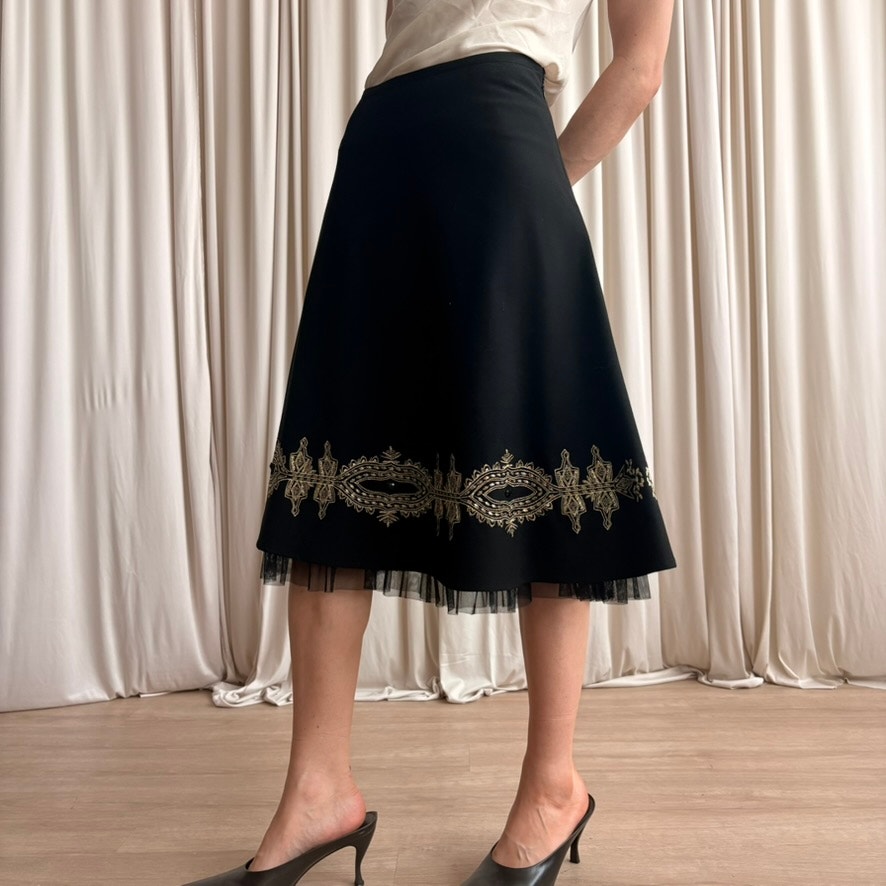Sunny Leigh Embroidered Skirt - Black, Gold Floral, Tulle Lining - Size 6 (Fits M)