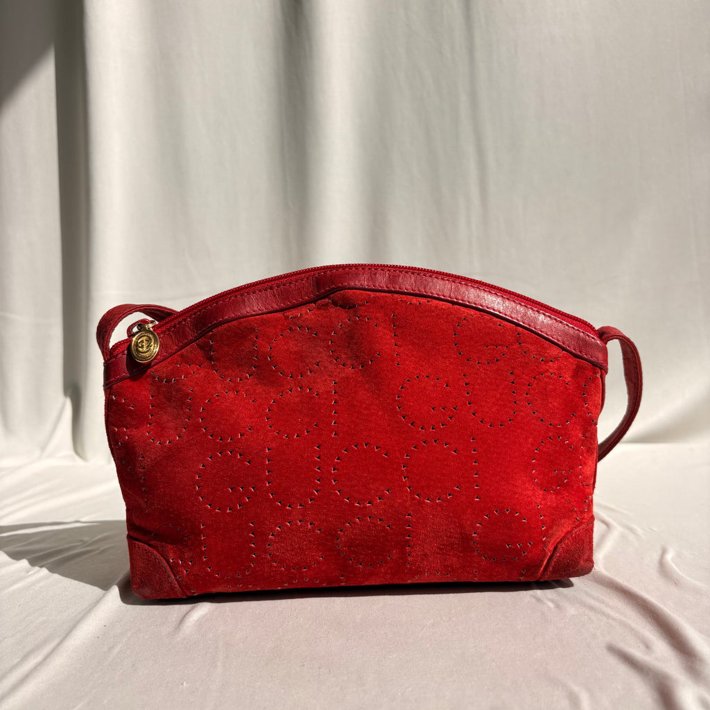 Vintage Gucci Red Suede Perforated Giant Logo Pouch Crossbody Bag