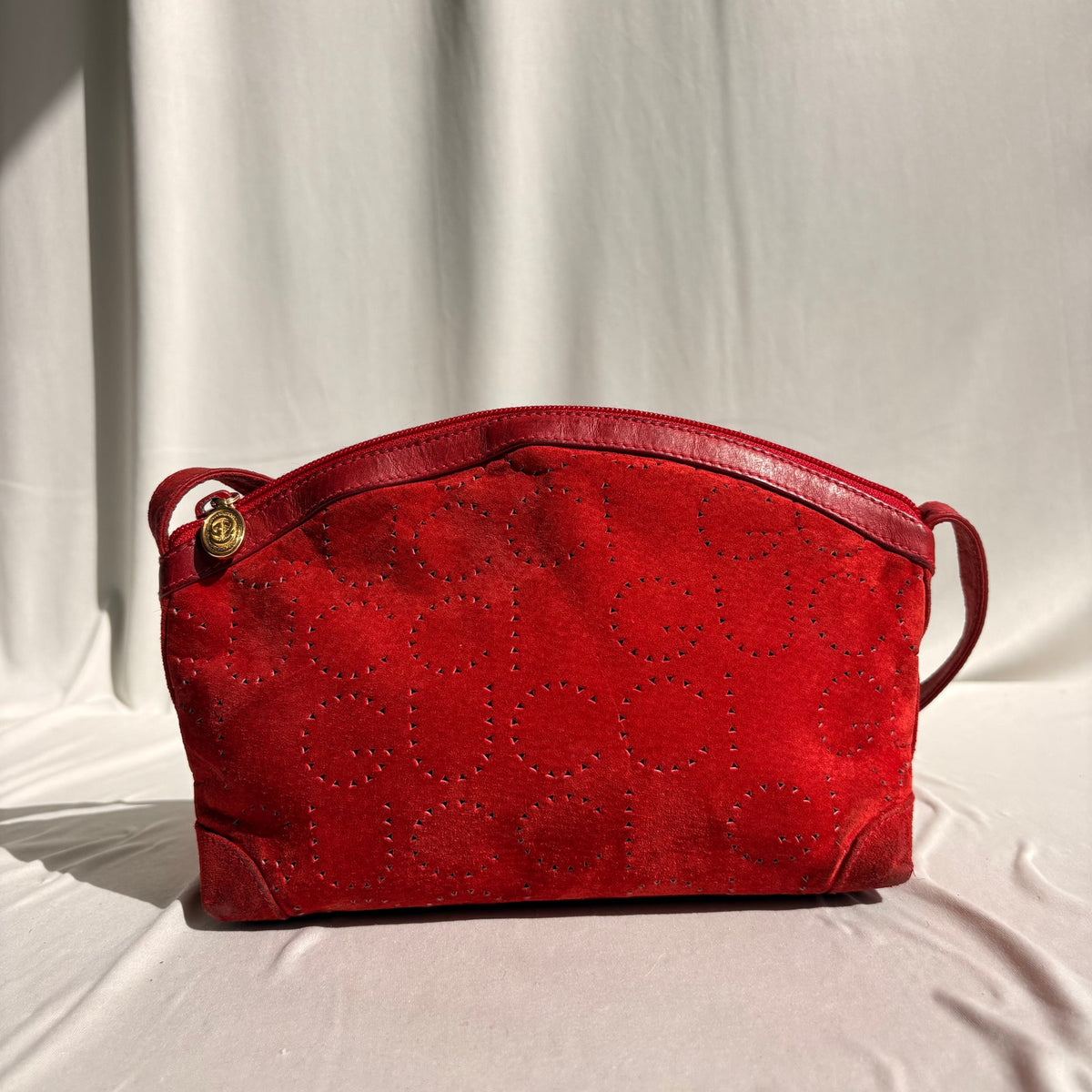 Vintage Gucci Red Suede Perforated Giant Logo Pouch Crossbody Bag