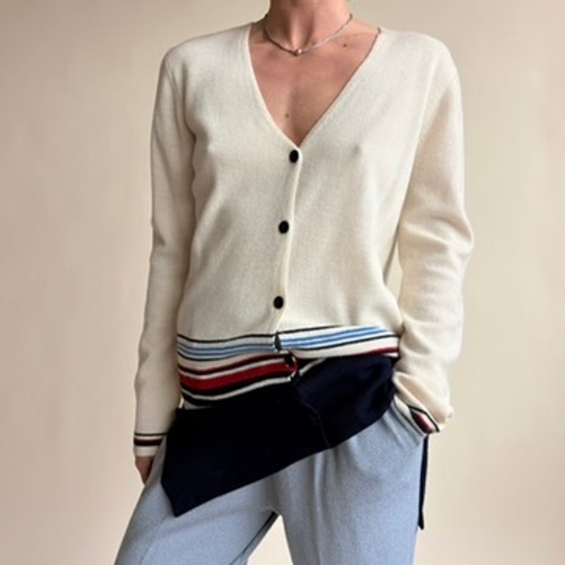 Jones & Co. Nautical Striped Cardigan - Merino Wool, Cream/Blue/Red, Y2K, Size Small