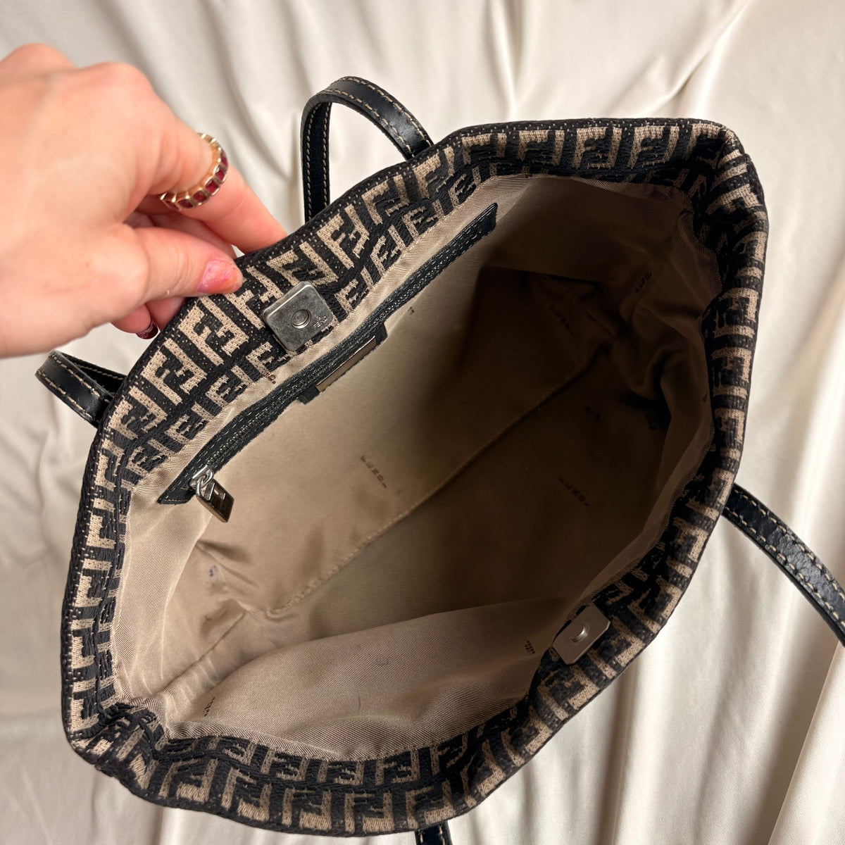 Vintage Fendi Zucchino Roll Tote - Black & Tan Textured Canvas