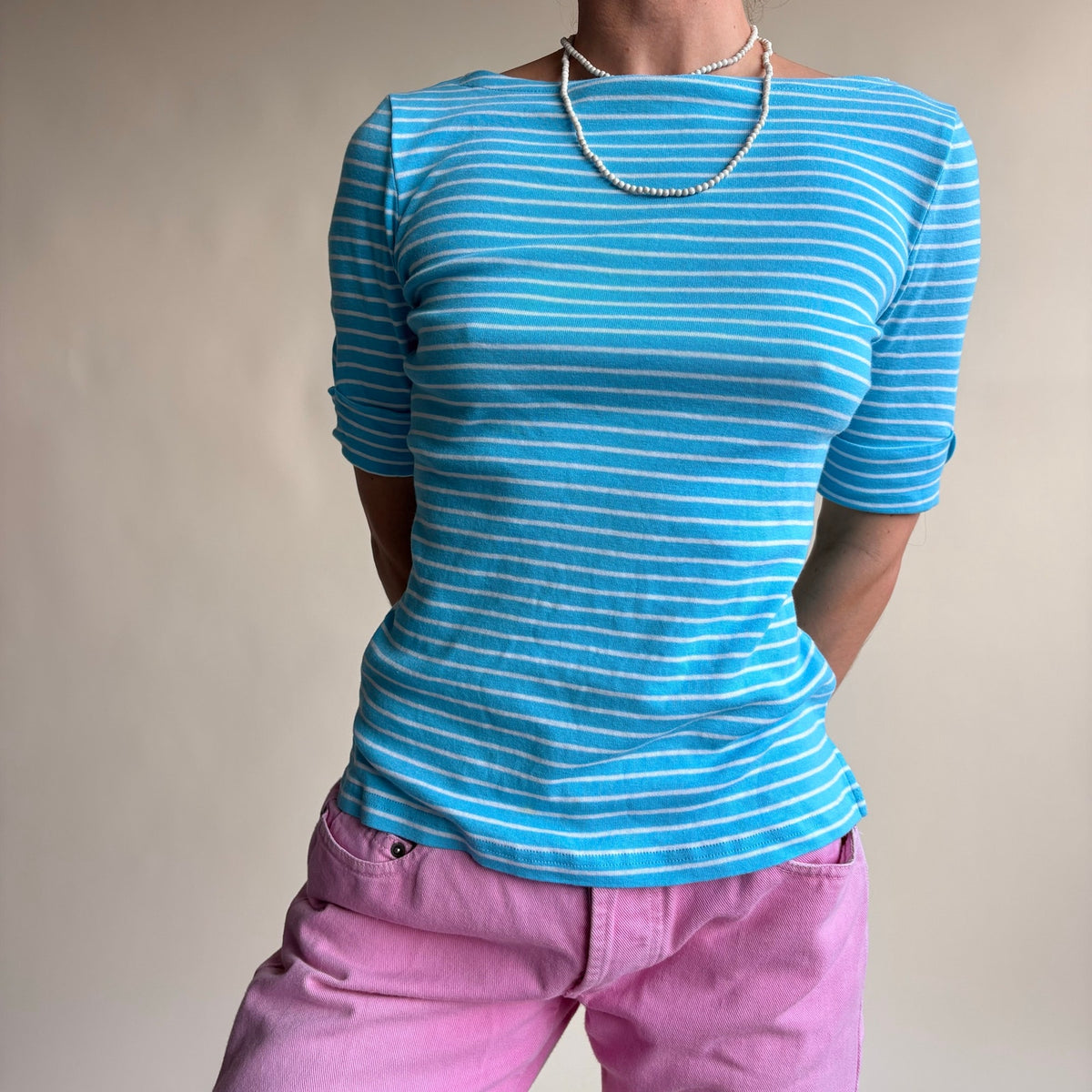 Ralph Lauren Sailor Top - Light Blue & White Striped, Boat Neck, Size Small