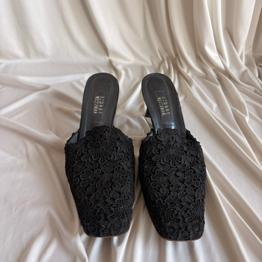 Stuart Weitzman Black Lace Mules - Square Toe, Kitten/Block Heel, Size 11