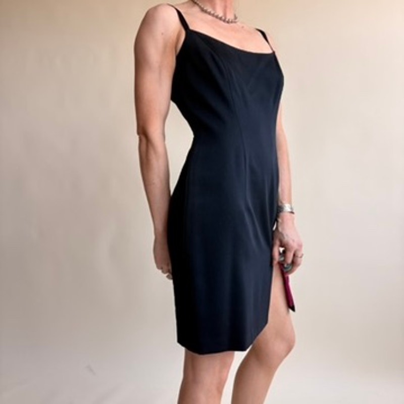 Laundry by Shelli Segal Black Satin Dress - Hot Pink Lining - 90s Vintage, Size 4