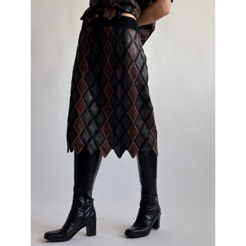 Vintage 1970s Handmade Turkish Diamond Patchwork Leather Skirt