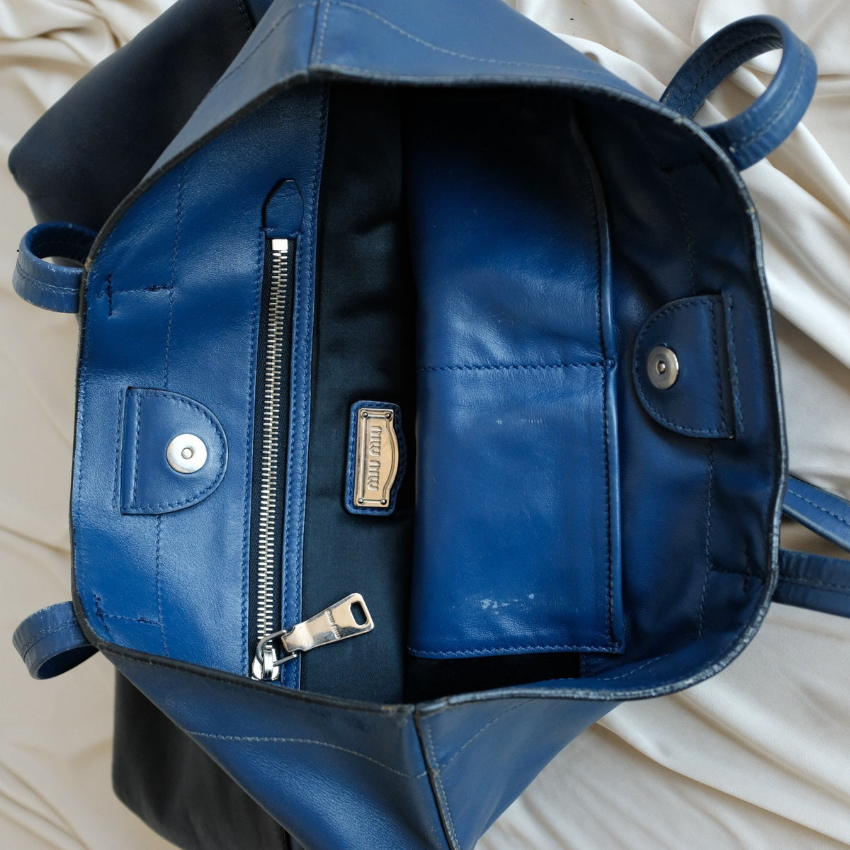 MIU MIU Vitello Soft Leather Shopping Tote Bag - Blue & Navy Two-Tone w/ COA