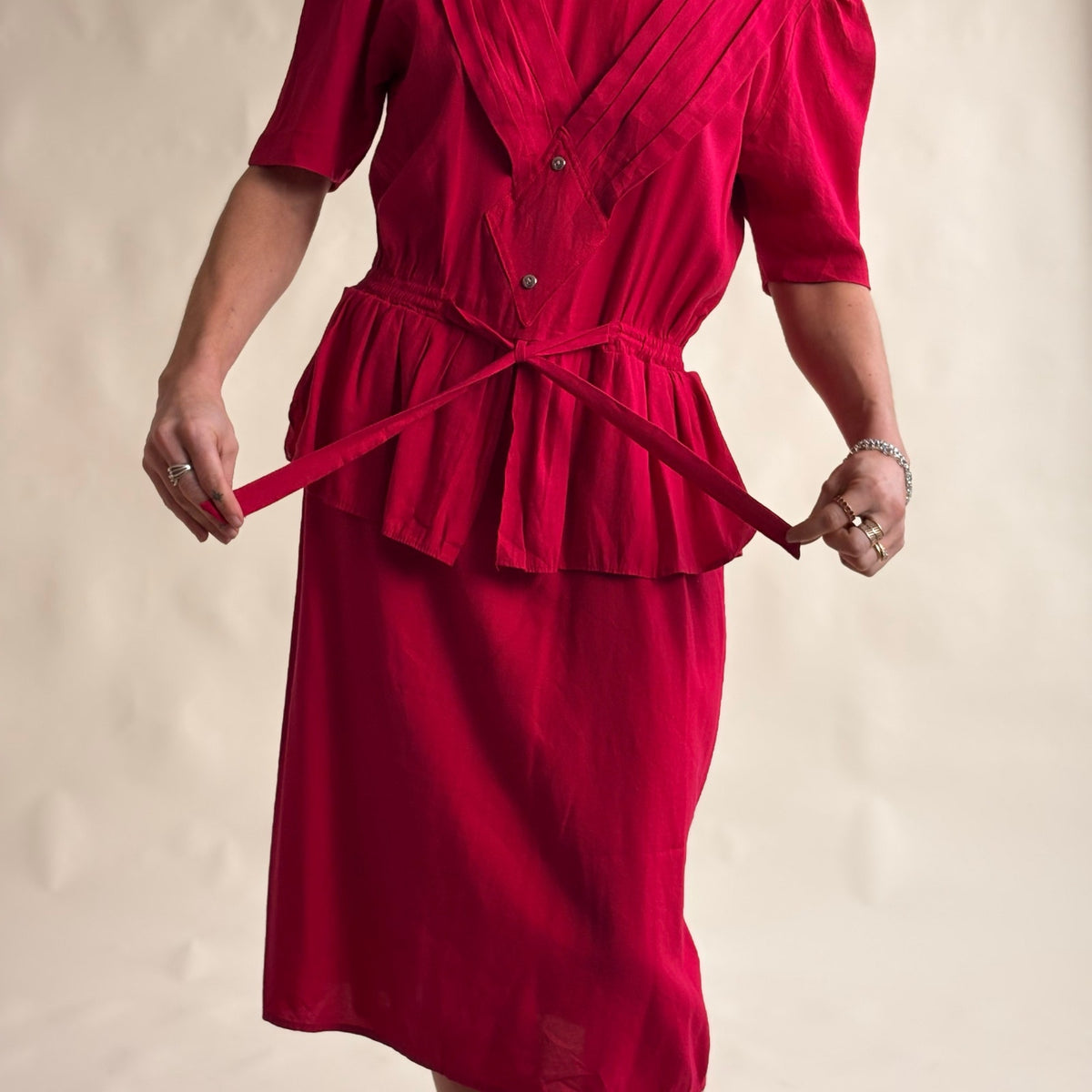 South Bay Vintage Red Wrap Peplum Dress - Pleated Detail, Tie Waist