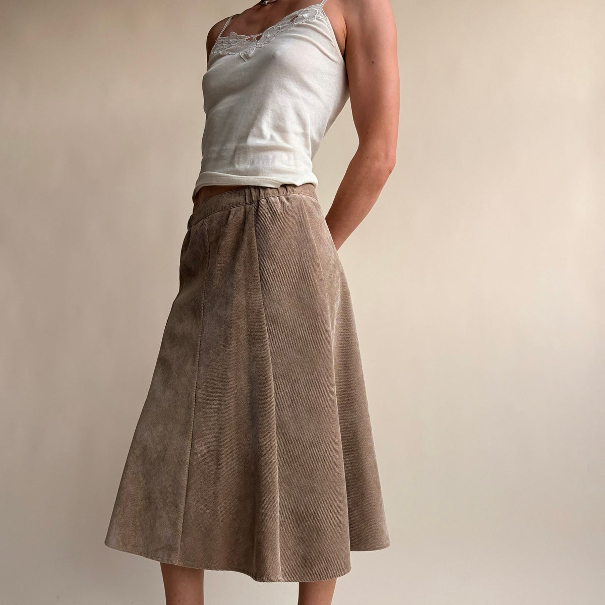 Edinburgh Woolen Mills Taupe A-Line Midi Skirt - Elastic Panel Waist, Size Small