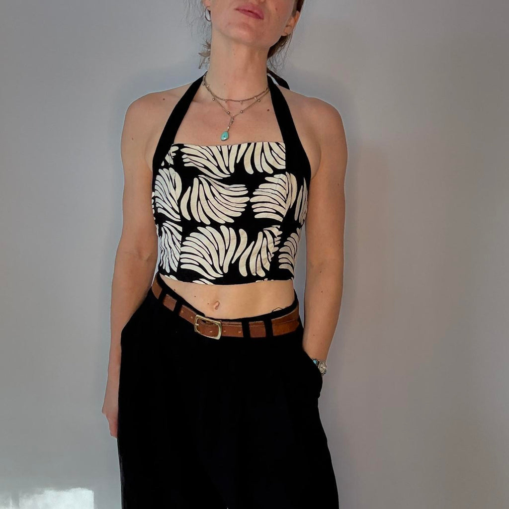 Black and White Abstract Floral Halter Top- size small