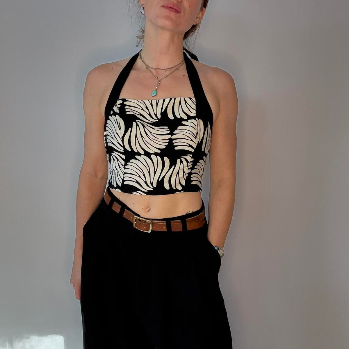 Black and White Abstract Floral Halter Top- size small