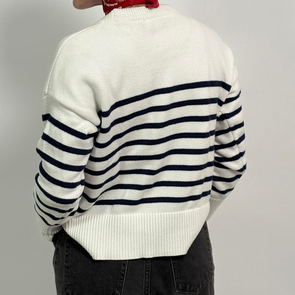 Philosophy White & Navy Striped Sweater | Classic Preppy Cotton