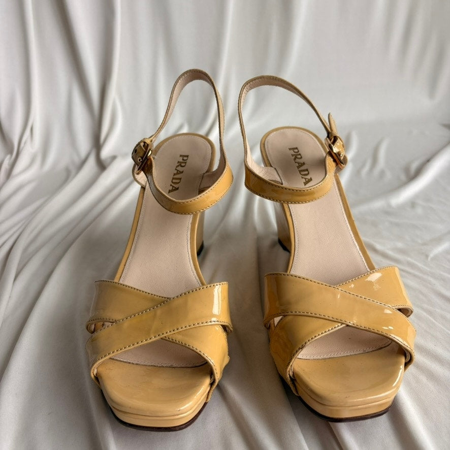 Vintage Prada Butter Yellow Patent Leather Wedge Sandals - Y2K, EU 39.5/US 9.5