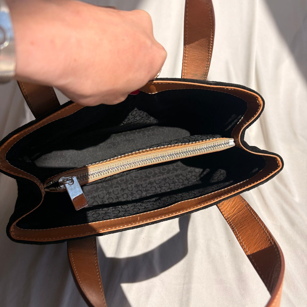 Celine C Macadam Tote Bag - 90's - Black Suede, Tan Leather Handles