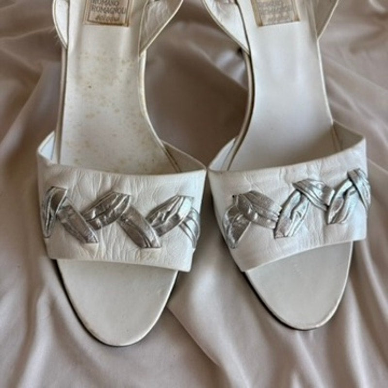 Ramono Romagnoli Bologna White Leather Sandals -  Kitten Heel, Made in Italy, US 9