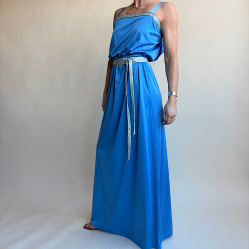 1970s Handmade Blue Maxi Dress - Square Neck, Silver Trim, Elastic Waist, Fits Small