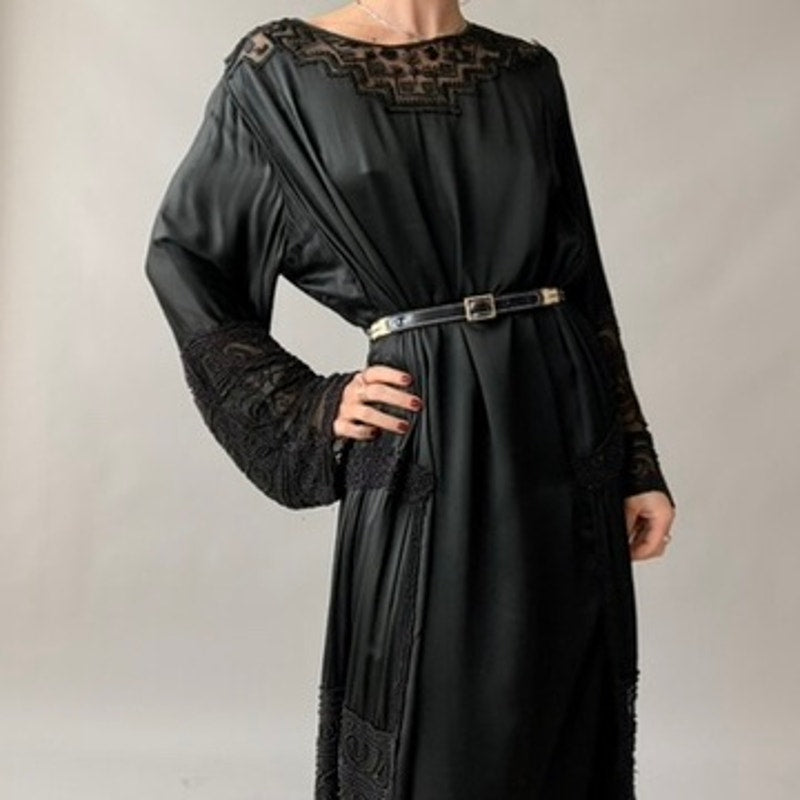 Antique 1920s Black Silk Satin Hand-Beaded Lace Shift Dress
