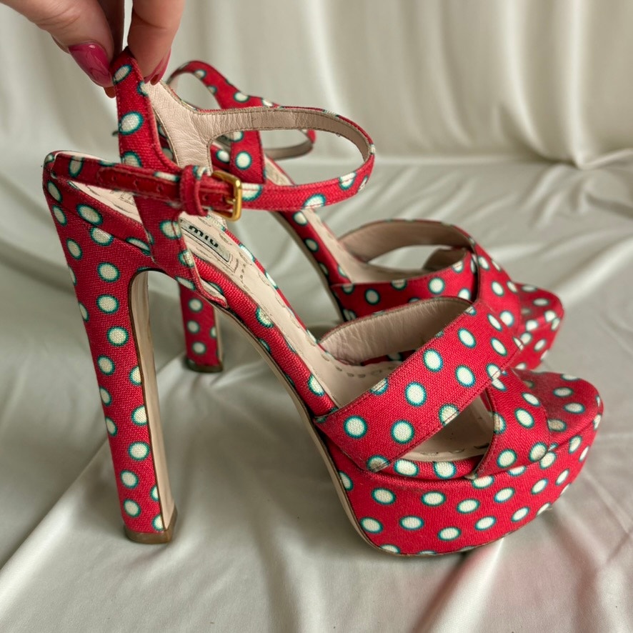 Miu Miu Polka-Dot Canvas Platform Sandals - 2010 SS Collection, EU 37/US 7