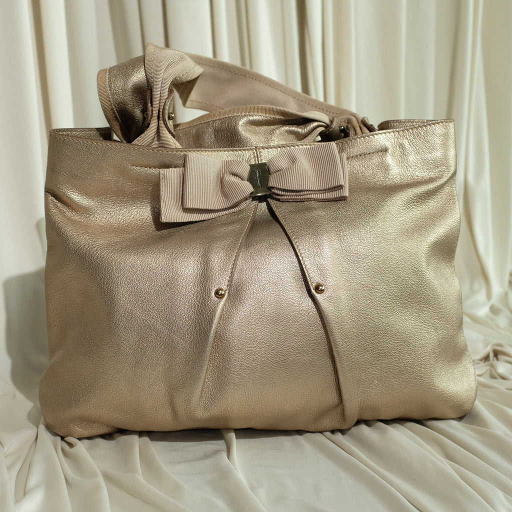 Salvatore Ferragamo Metallic Bronze Leather Miss Vara Bow Tote