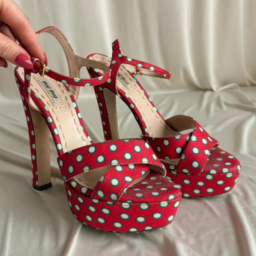 Miu Miu Polka-Dot Canvas Platform Sandals - 2010 SS Collection, EU 37/US 7