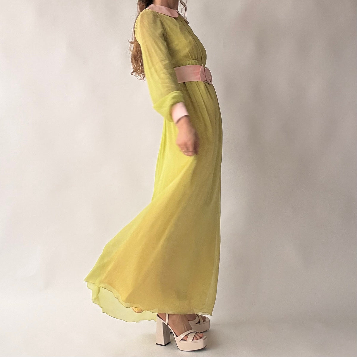 Vintage 60s/70s Chartreuse Peter Pan Collar Maxi Dress w/ Belt