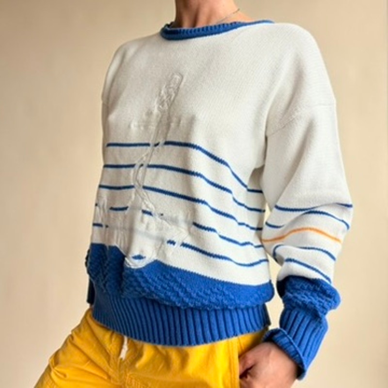 Davison's Bermuda Nautical Sweater - Blue & White Stripe, Anchor Patch, Size M