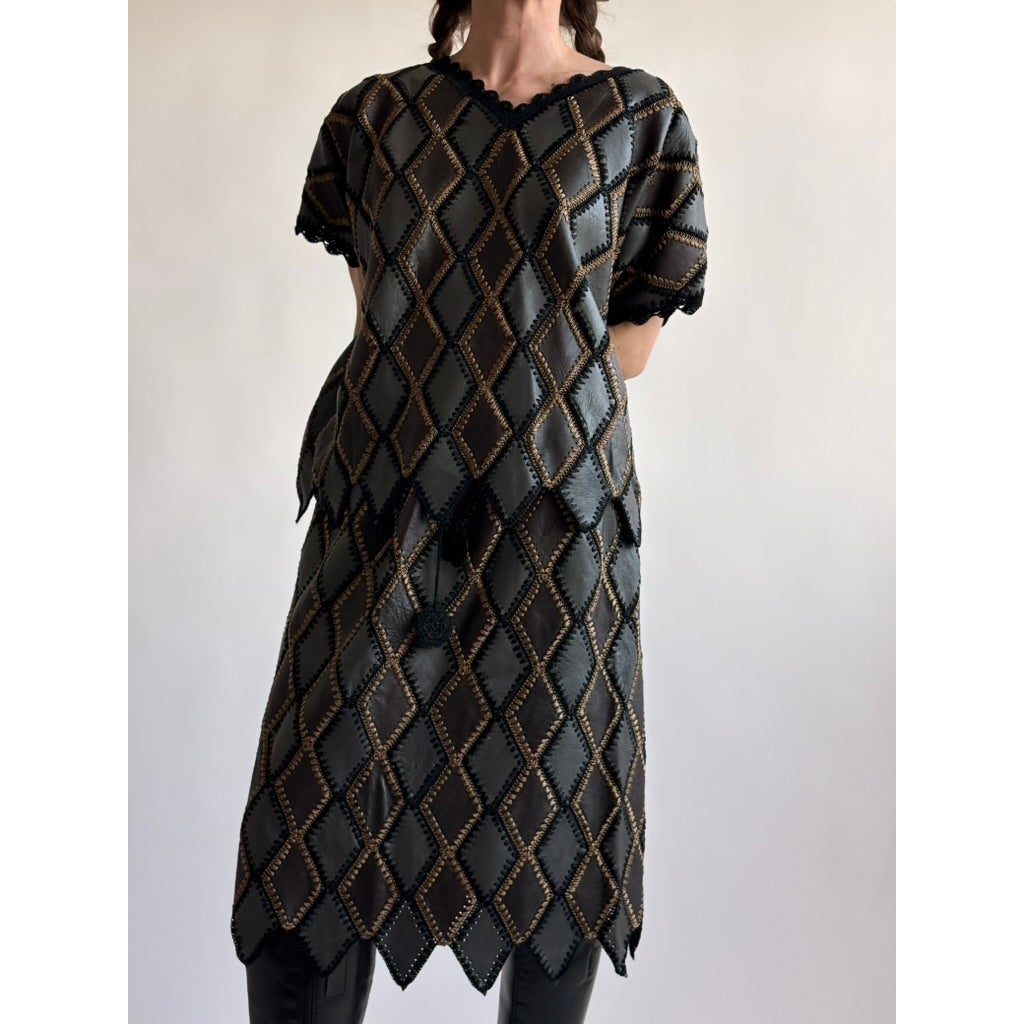 Vintage 1970s Handmade Turkish Diamond Patchwork Leather Top
