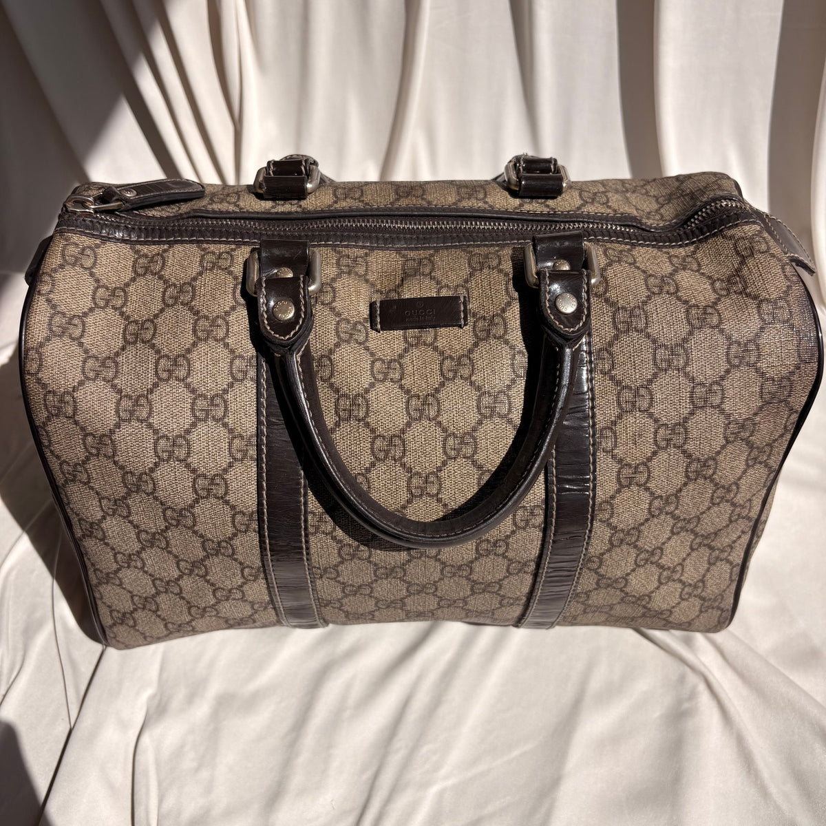Gucci Joy Boston Bag - GG Supreme Coated Canvas, Dark Brown Patent Leather Trim