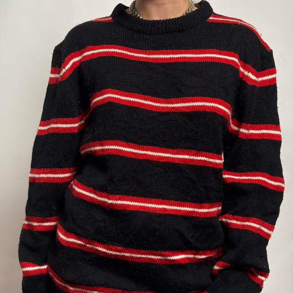 Vintage INC Black, Red and White Striped Rugby Sweater- XL