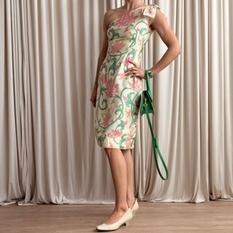 Floral Dress One-Shoulder - Cream/Pink/Green, 50s/60s - 2
