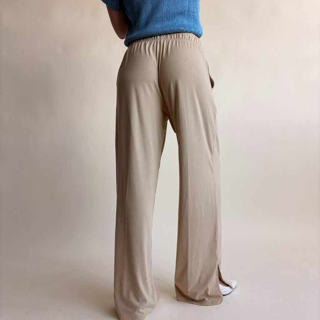 Tan Wide Leg Lounge Pants - Drawstring Waist, Ankle Slits, Size XS
