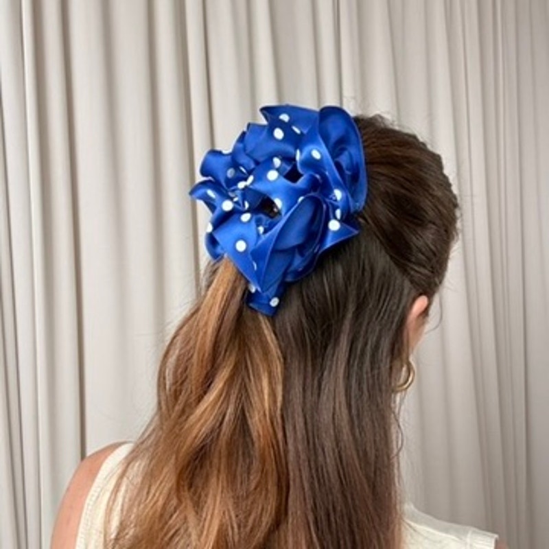 Blue & White Polka Dot Ribbon Claw Clip - Retro, 4"