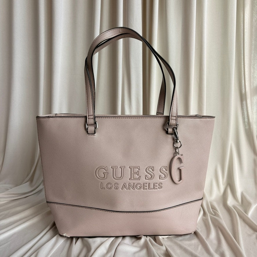 Guess Light Pink Tote - Textured Faux Leather, Embossed Logo, Y2K Vintage