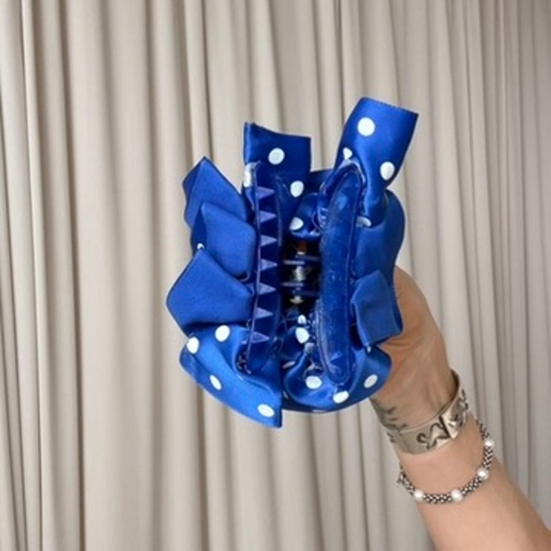 Blue & White Polka Dot Ribbon Claw Clip - Retro, 4"