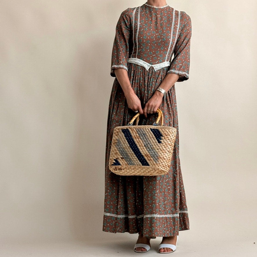 1970s Homemade Prairie Dress - Brown Calico Floral, Lace Trim, Fitted Waist, Fits XS/S