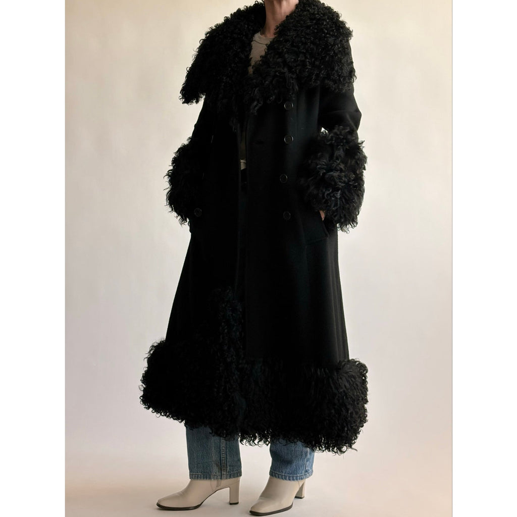 Vintage 1970s Black Wool & Mongolian Shearling Coat