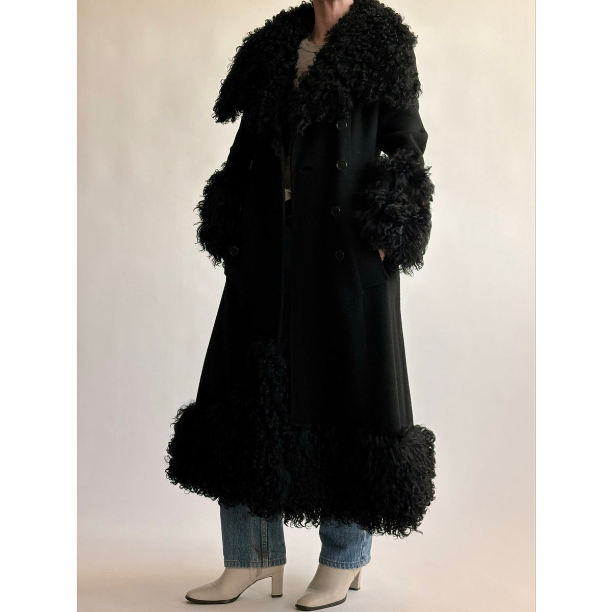 Vintage 1970s Black Wool & Mongolian Shearling Coat