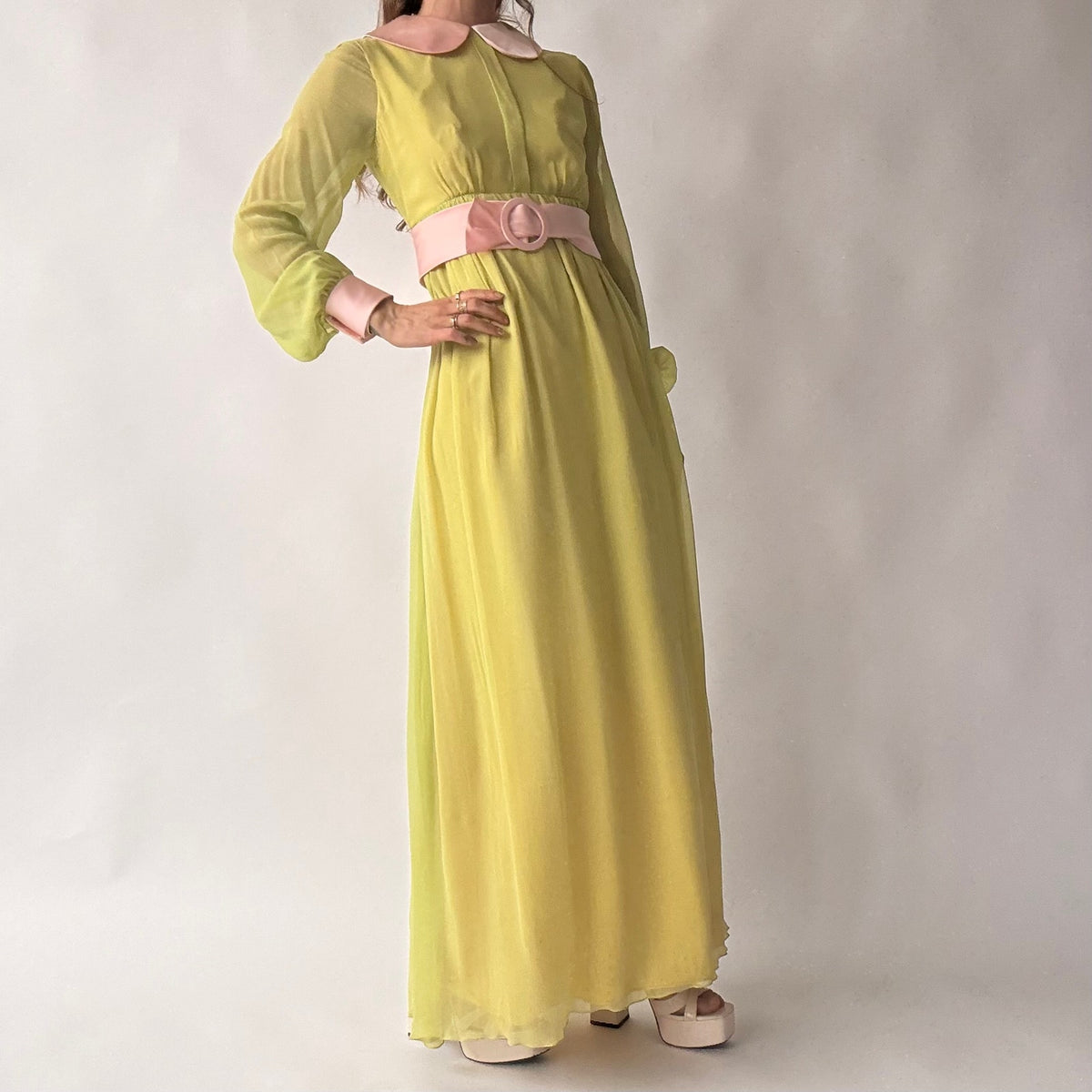Vintage 60s/70s Chartreuse Peter Pan Collar Maxi Dress w/ Belt