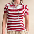 Rafaella Striped Polo Shirt - Red/White, Lace-Up Neckline,  Size Small