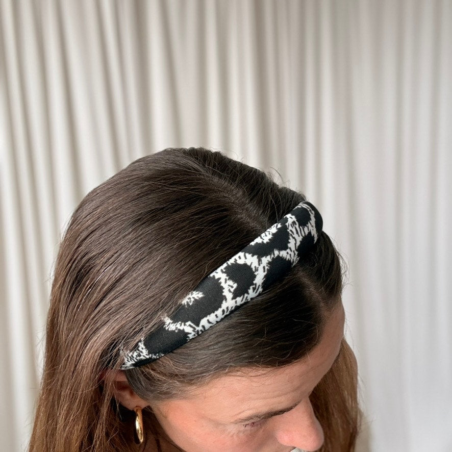 Black & White Padded Headband - Abstract Spot Print, 90s Vintage