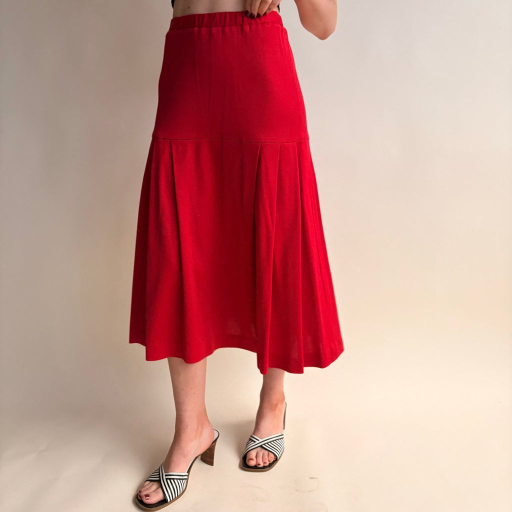 Cherry Red Drop Waist Pleated Midi Skirt - Elastic Waist, Size Small