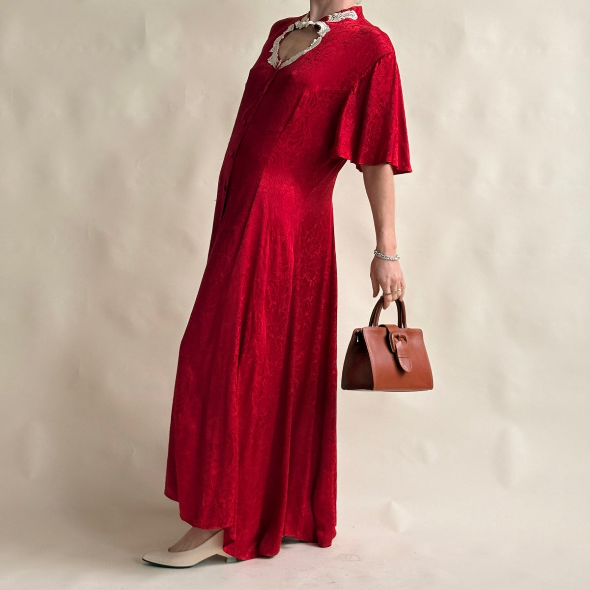 Frederick's of Hollywood Red Satin Rose Jacquard Maxi Dress - Lace Cutout