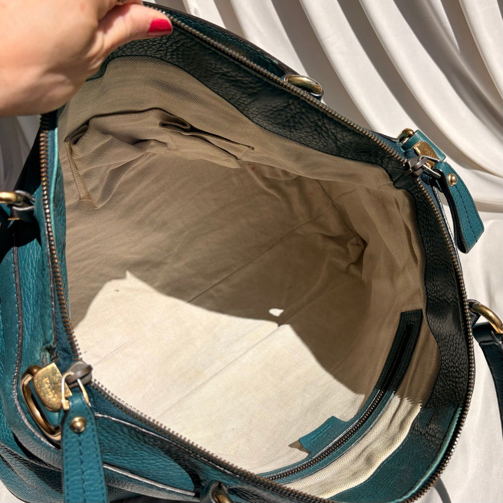 Gucci Medium Ride Top Handle Bag - Teal Pebbled Calfskin Leather, Gold Buckle