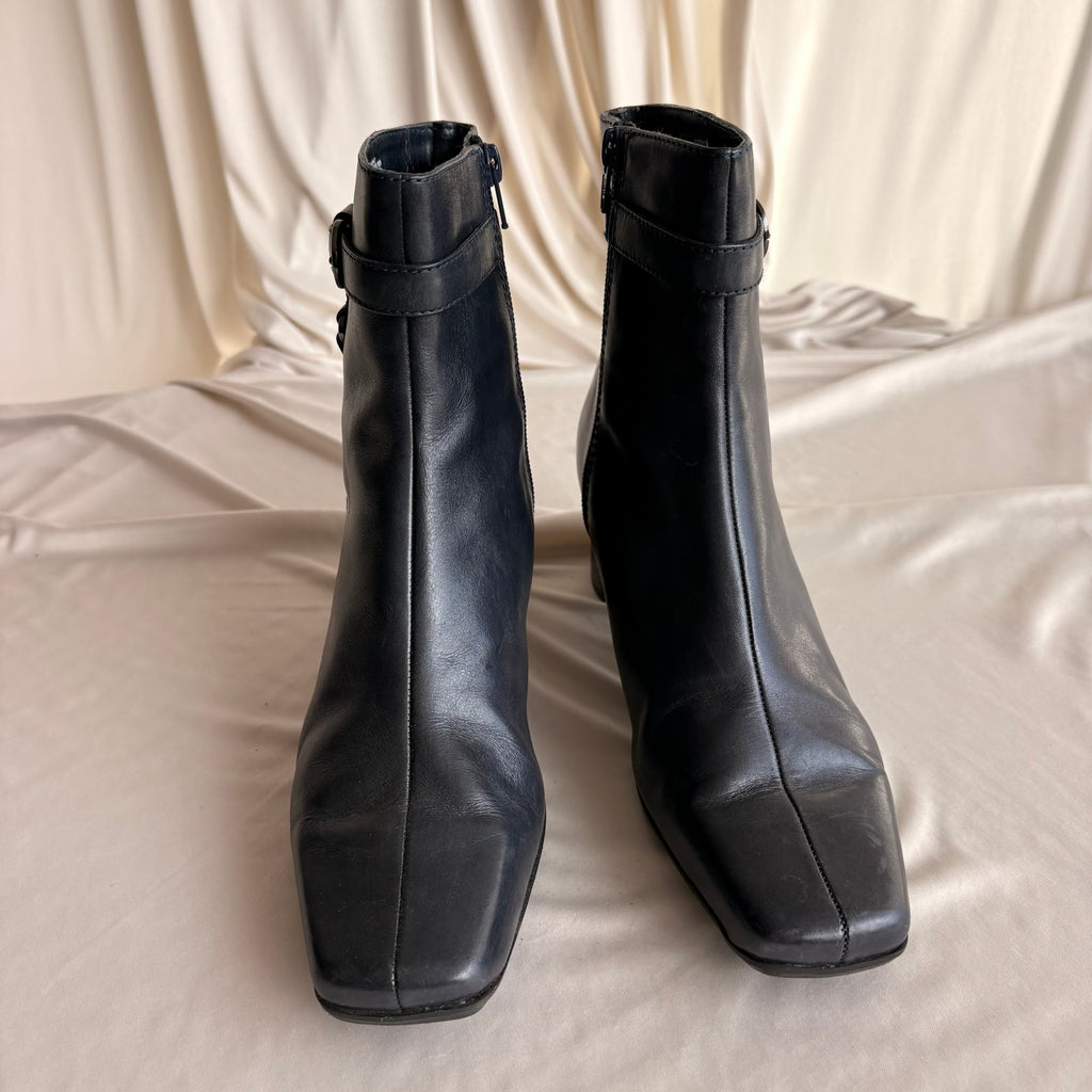 Vintage Navy Blue Leather Ankle Booties - Square Toe, Buckle Detail, 7.5