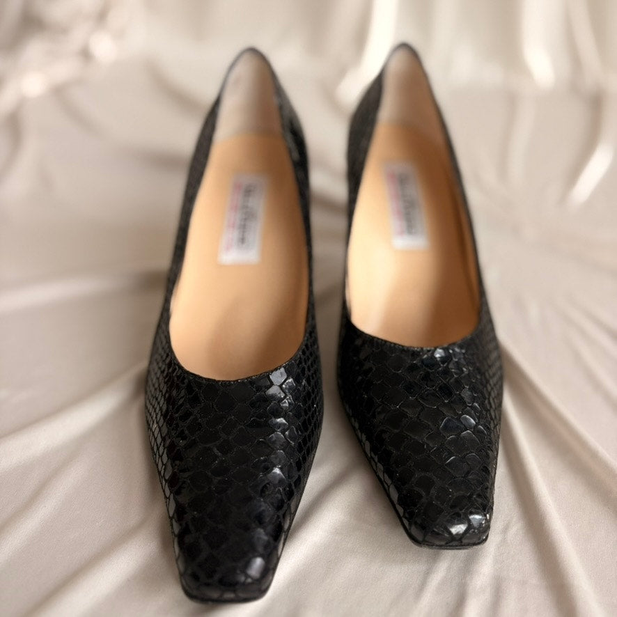 VALLEVERDE Snakeskin Pumps - Black, Block Heel, Made in Italy, EU 38.5 / US 7.5